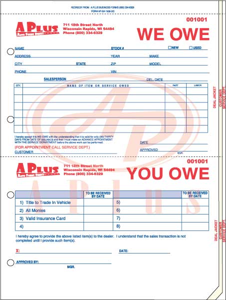 AP-SA-1506-UO-IMP • Imprinted We Owe/You Owe Forms