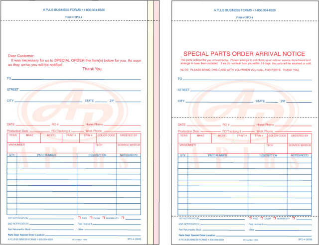 AP-SPO-4 • 4 Part Special Parts On Order Form