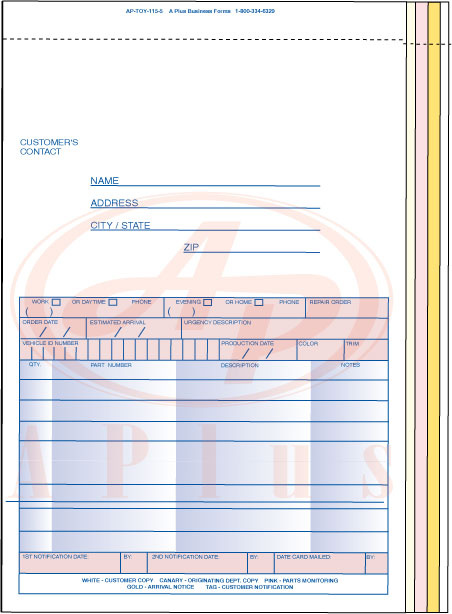 AP-TOY-115-5 • 5 Part Special Parts On Order Form