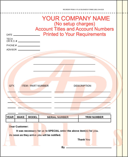 AP-DSA-115-3-IMP • 3 Part Imprinted Special Parts On Order Form