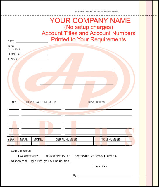 AP-DSA-115-4-IMP • 4 Part Imprinted Special Parts On Order Form