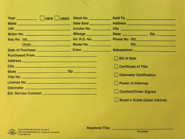 A Plus Yellow Pre-Printed Deal Jackets For Auto Sales – 200 Pack, Letter Size, 32# Paper